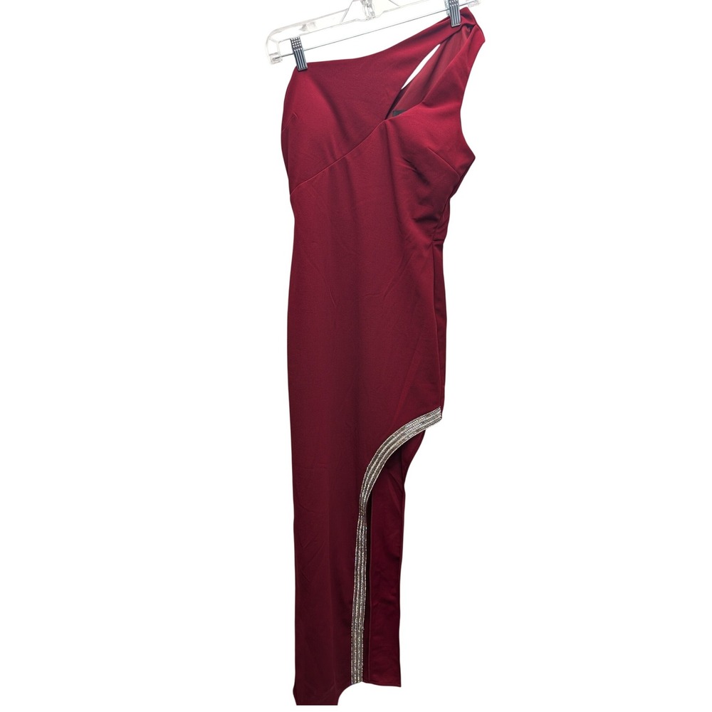 By & By Maxi Dress Womens Small Burgundy One Shoulder Rhinestone Slit Cutout
